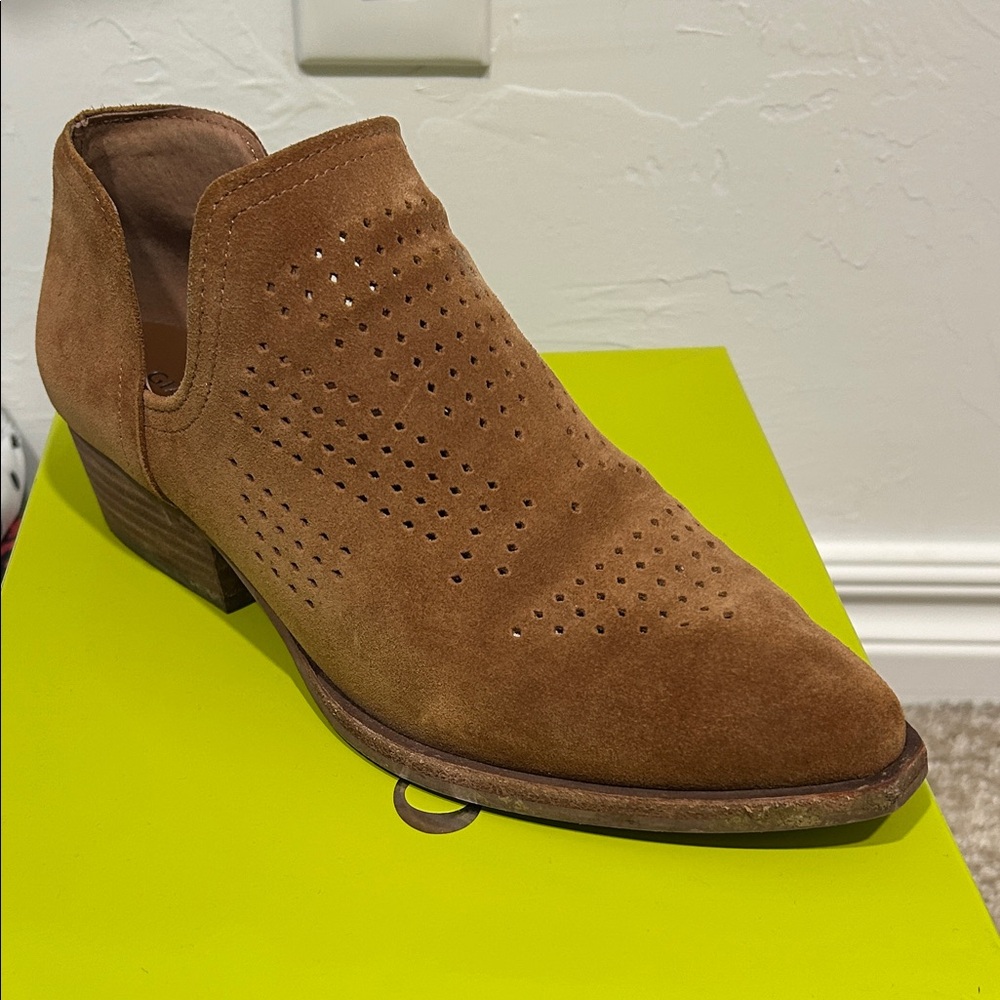 Gianni Bini Tan Suede Perforated Low Heel Ankle Boot